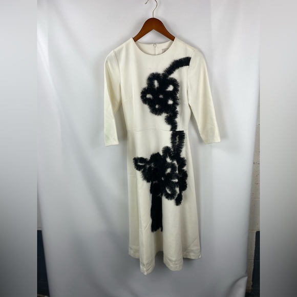 Mignon Doo Ivory Black Lace Flowy Midi Dress sz XS A Line Modest Career - Picture 2 of 7